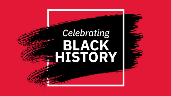 Celebrating Black History Month text in white on top of a black graphic with a red background