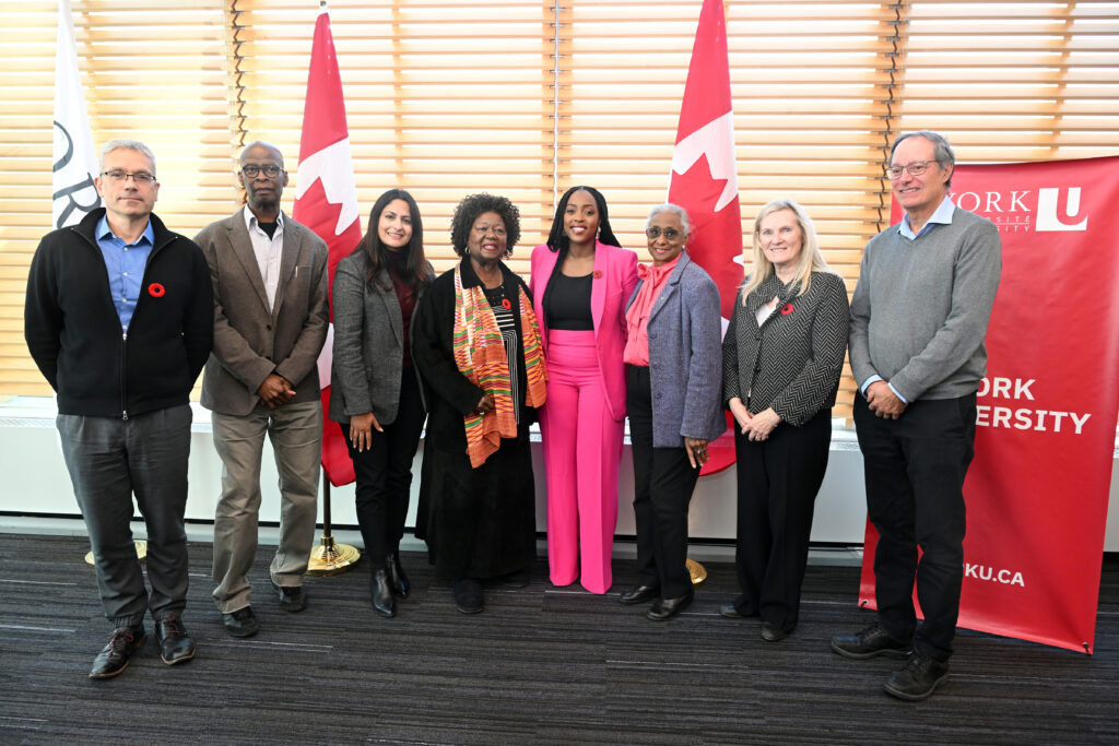 Pictured left to right: Faculty of Education Dean Robert Savage; Professor Carl James; Minister Kamal Khera; the Honourable Jean Augustine; Member of Parliament Arielle Kayabaga; activist Kamala Jean Gopie; President and Vice-Chancellor Rhonda Lenton; and, former Faculty of Education Dean Paul Axelrod.

